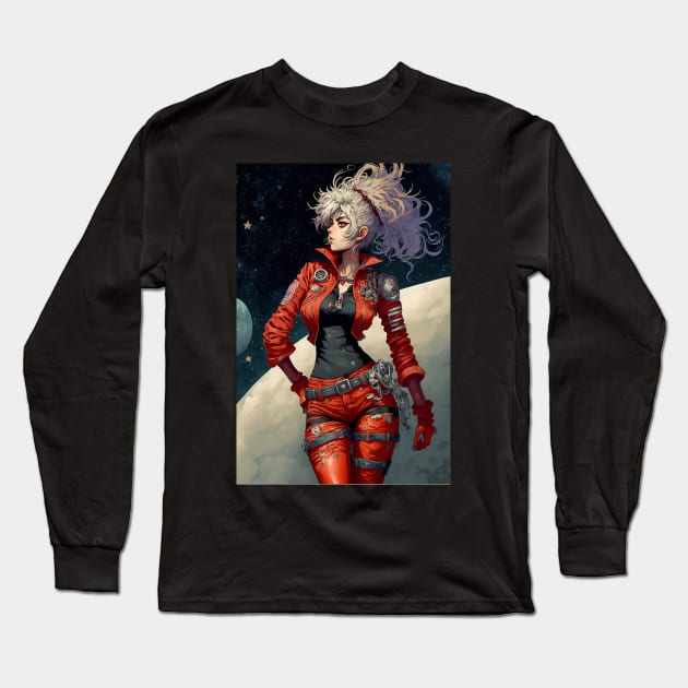 Sexy Anime Space Girl with Red Jacket and Silver Hair Long Sleeve T-Shirt by Bubblebug